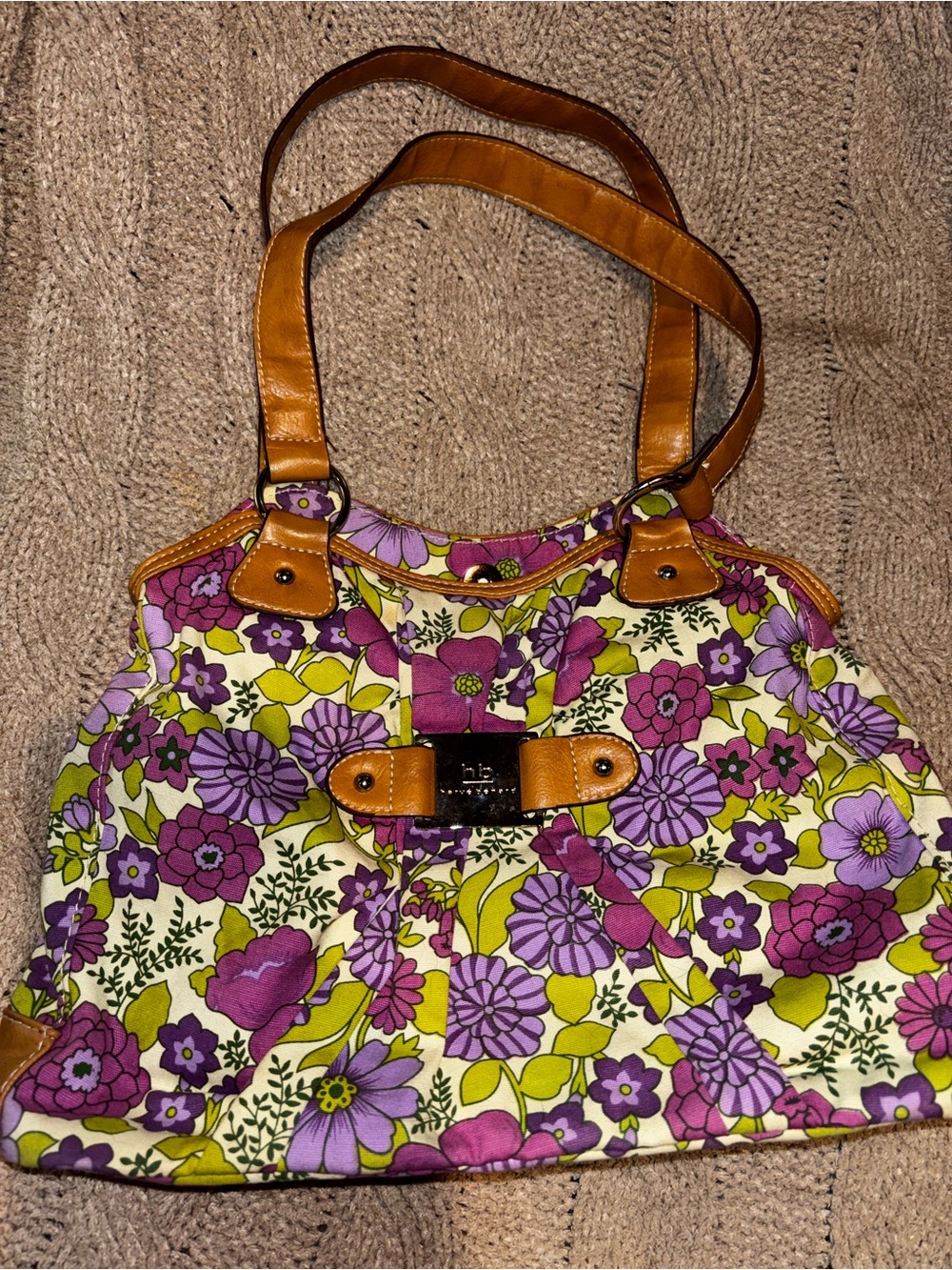 Harvé Benard Purple and Green Floral Canvas Satchel Bag Leather Straps